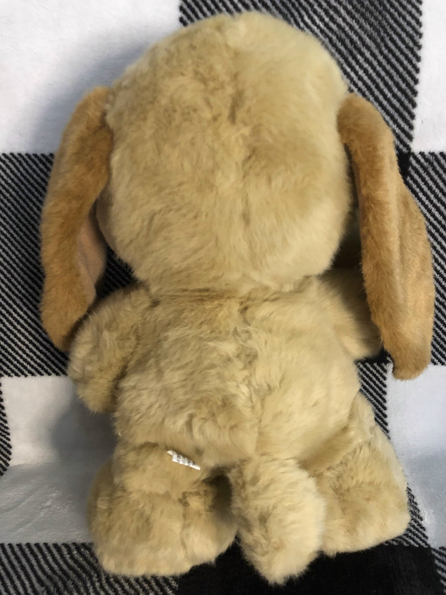 Vintage Stuffed Dog tan and white pink bow. Brown ears. Blue eyes standing
