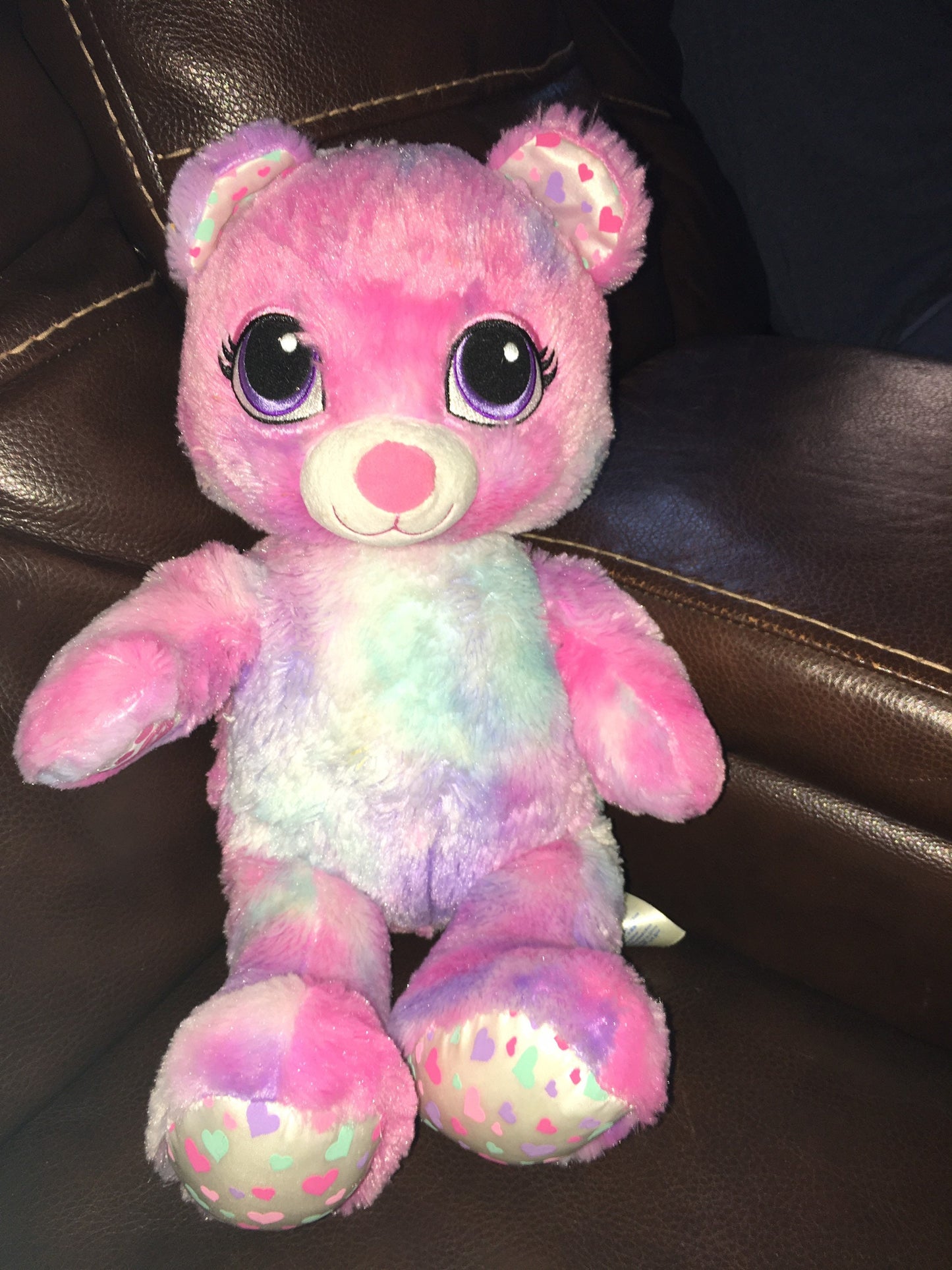 Build a Bear Tie Dye Rainbow Pastel Pink Teddy Bear Plush. Big Eyes with Heart Icon