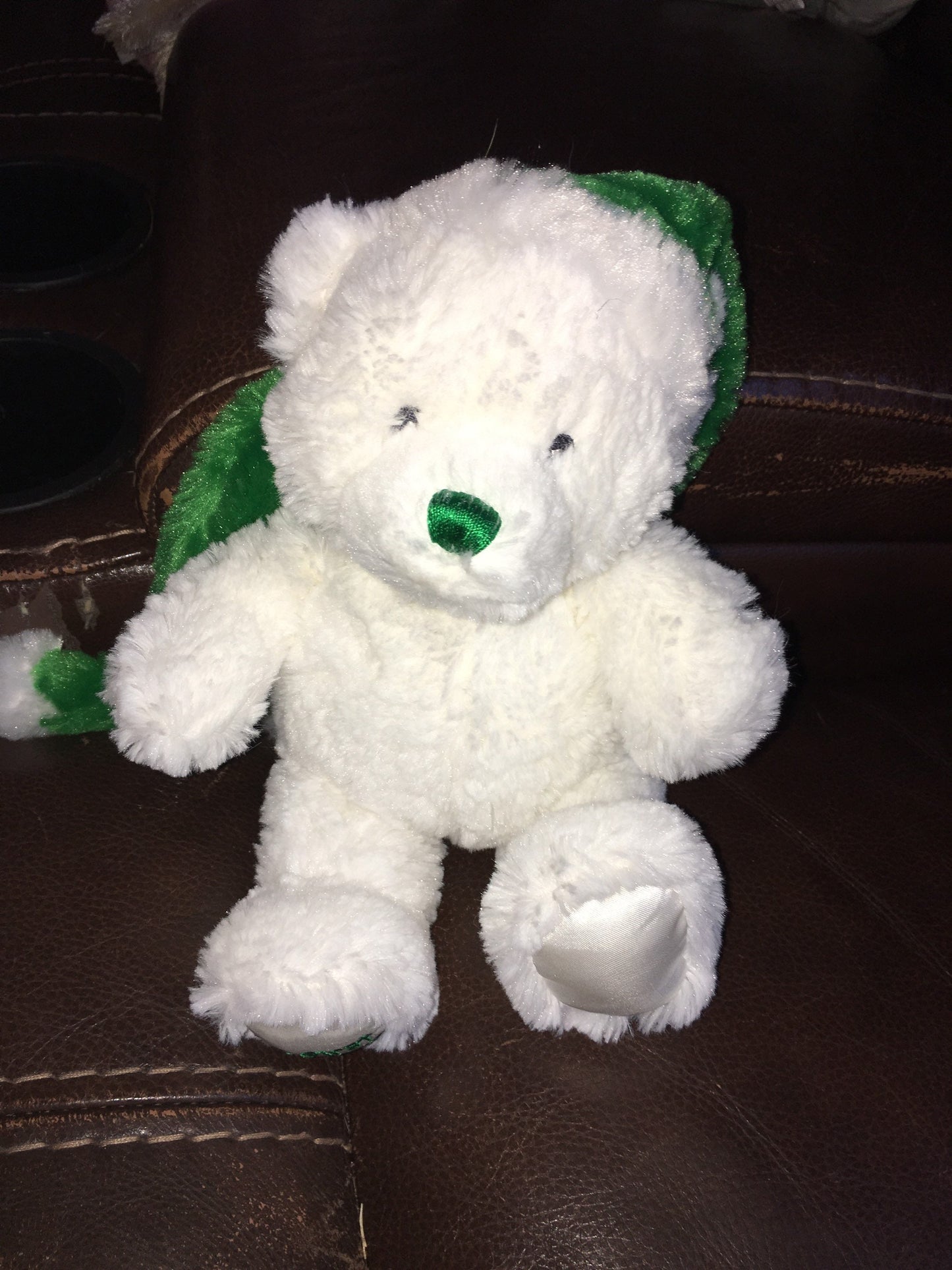White Christmas Holiday Bear Plush with Green Scarf Stuffed Animal Toy