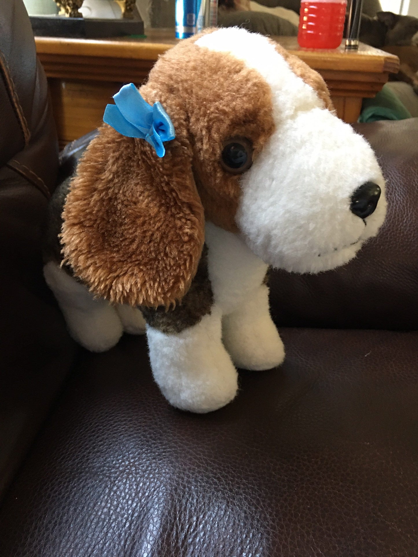 Vintage Beagle Puppy Plush, Brown and White Stuffed Animal with Blue Satin Bow