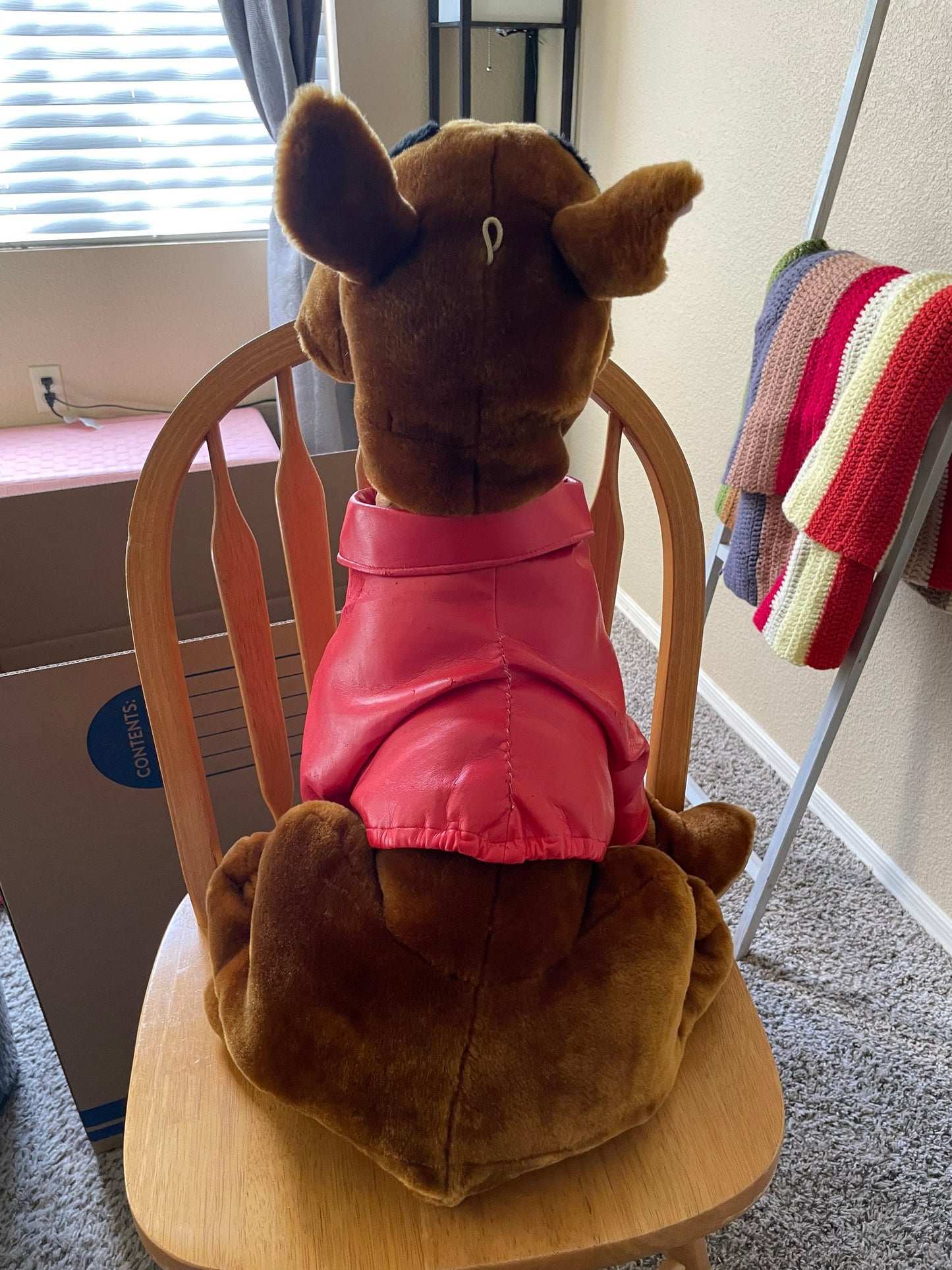 Brown Scooby Doo Dog Plush in Red Faux Leather Jacket XL