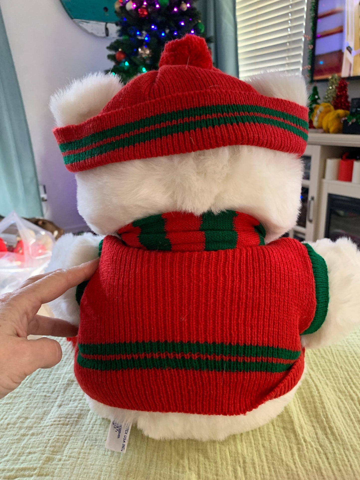 Vintage 1986 white holiday Teddy Bear plush. Red and green scarf, hat and shirt