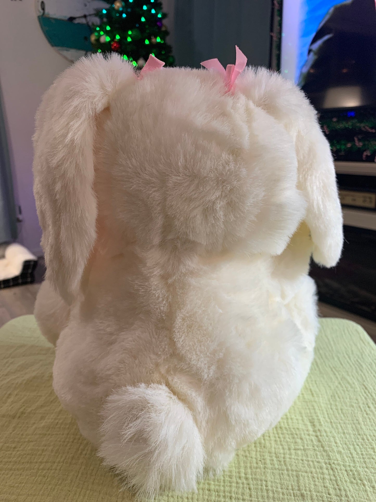 White Fluffy Easter Bunny Rabbit. 12” Pink Satin bows and feet. ADORABLE!