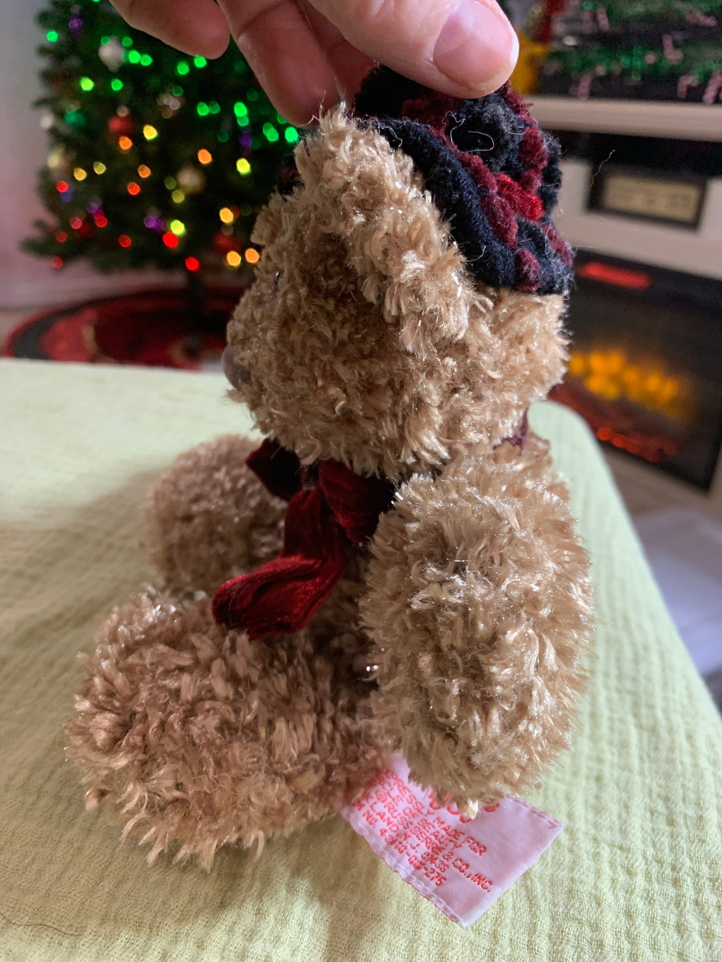 Vintage Russ Teddy Bear, Shimmering Brown Fur with Red Velvet Bow & Hat
