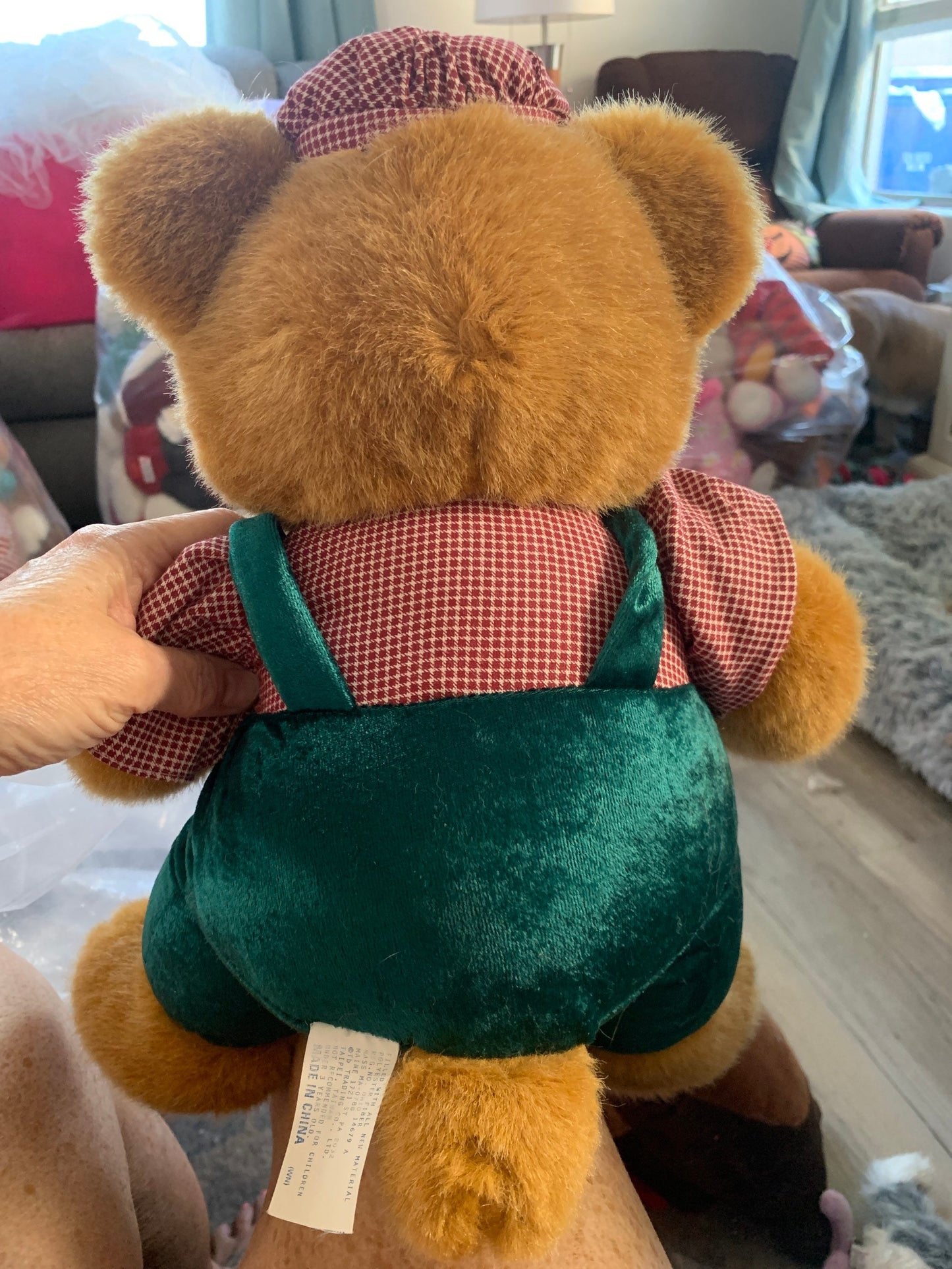 Brown Teddy in Plaid and Green Outfit Stuffed Animal. Vintage