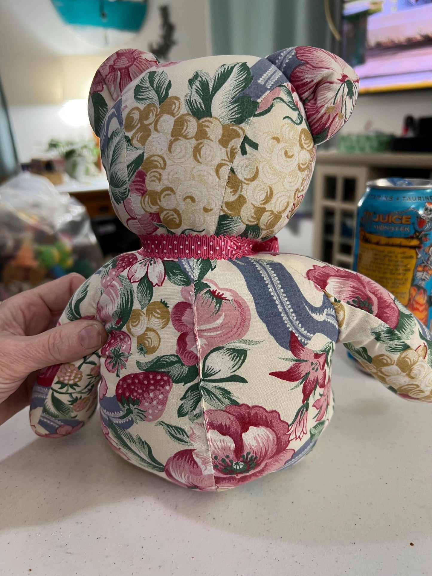Vintage Floral Teddy Bear Plush No Facial Features. Handmade OOAK