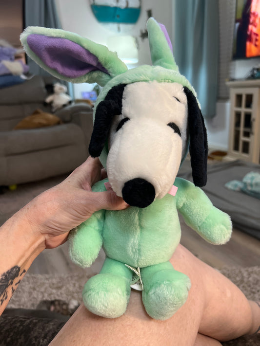 Vintage Snoopy wearing green and purple Easter bunny suit plush. medium sized