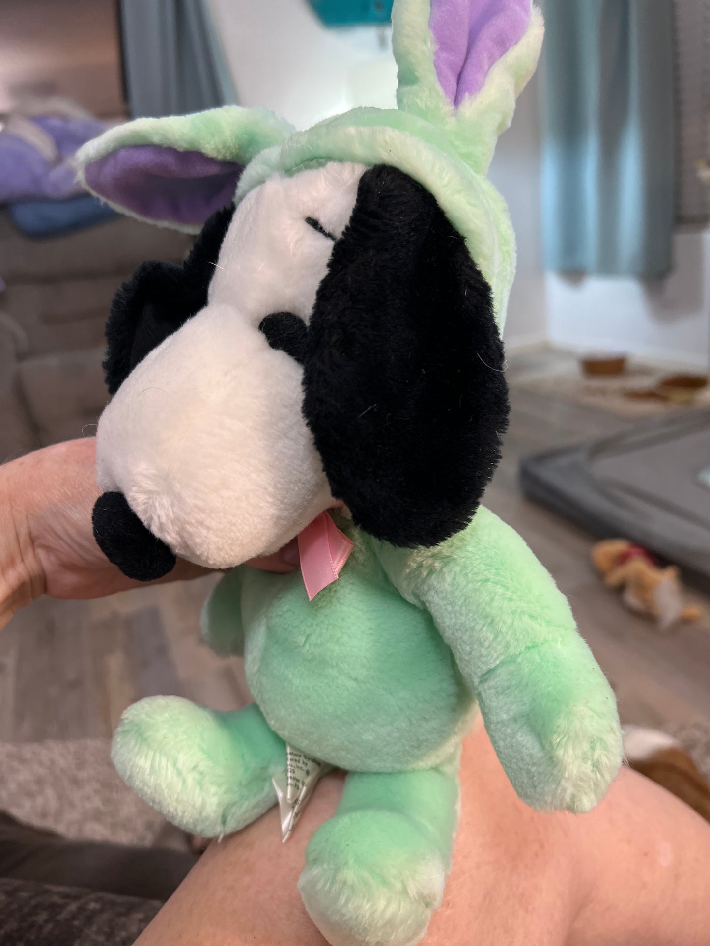 Vintage Snoopy wearing green and purple Easter bunny suit plush. medium sized