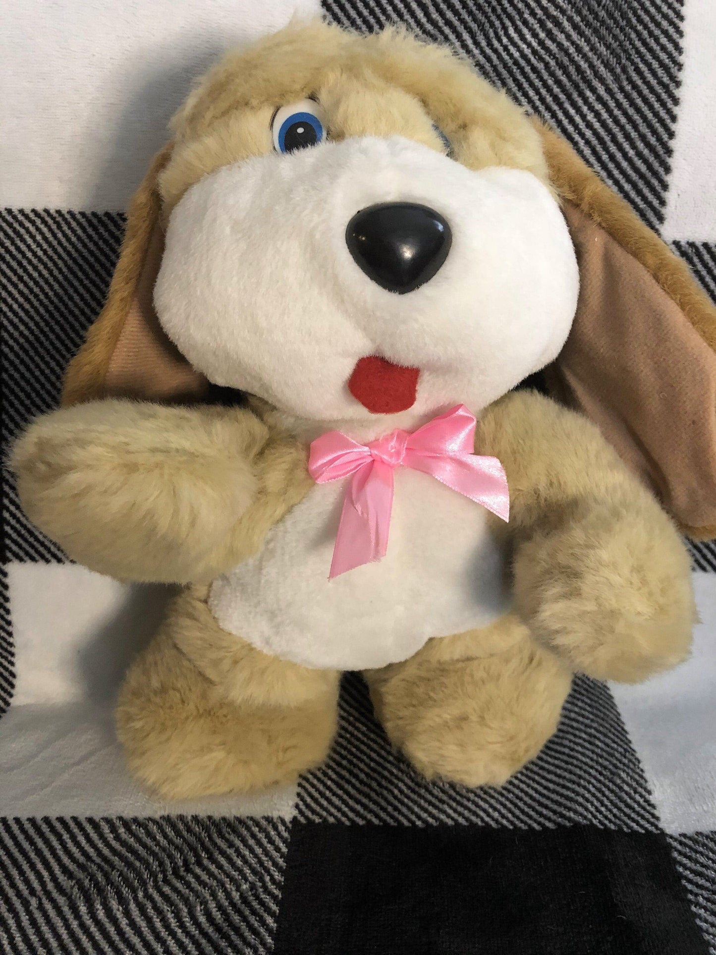 Vintage Stuffed Dog tan and white pink bow. Brown ears. Blue eyes standing