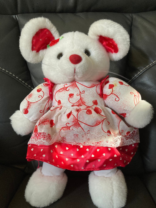 Vintage White Plush Mouse with Red Dress, Valentines Cuddle Toy