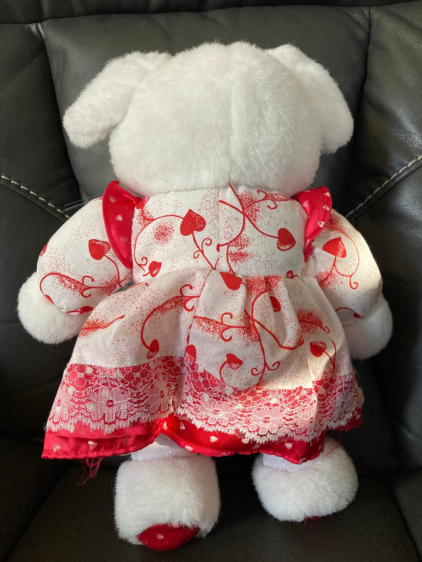 Vintage White Plush Mouse with Red Dress, Valentines Cuddle Toy