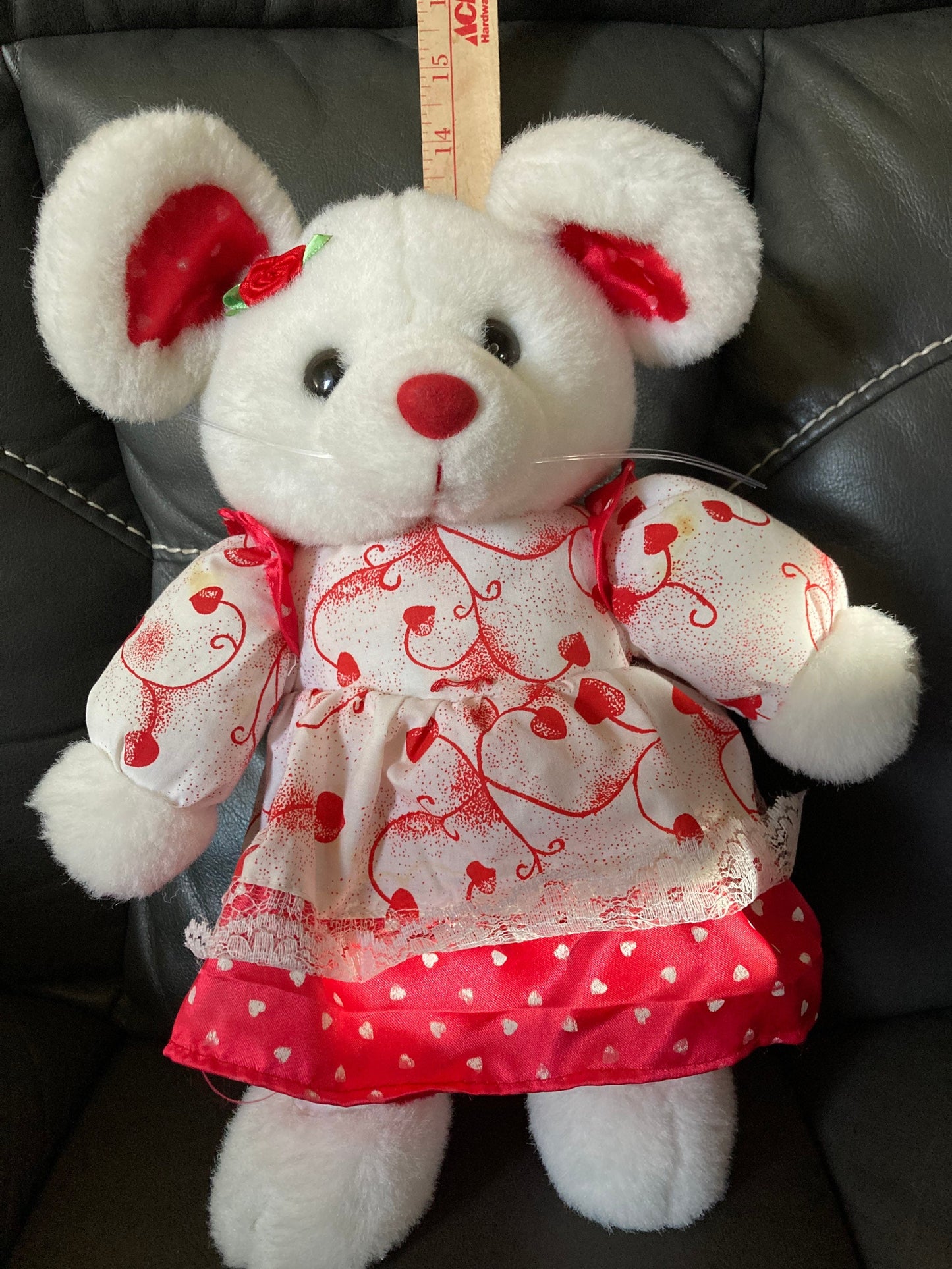 Vintage White Plush Mouse with Red Dress, Valentines Cuddle Toy