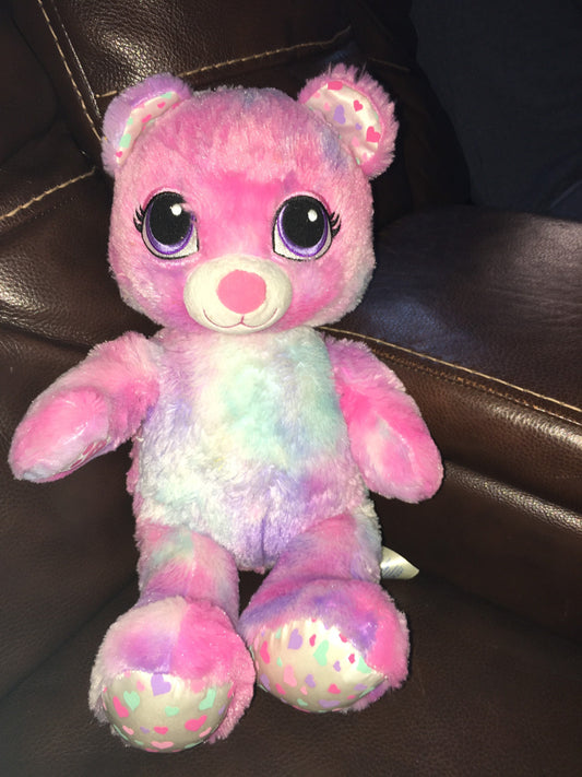 Build a Bear Tie Dye Rainbow Pastel Pink Teddy Bear Plush. Big Eyes with Heart Icon