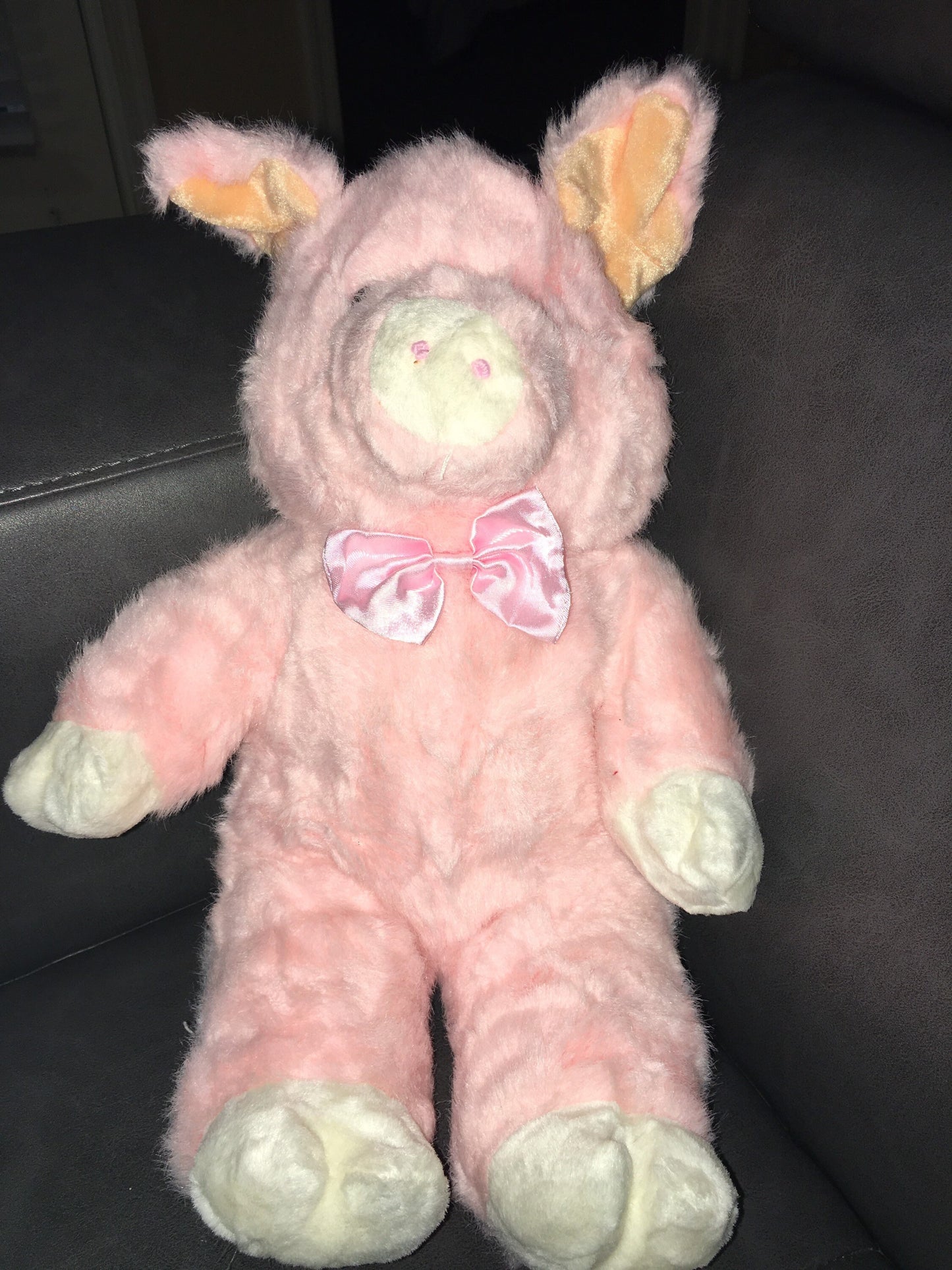 Vintage 1999 Hugfun Pink Pig Plush with Pink Satin Bow tie Stuffed Animal