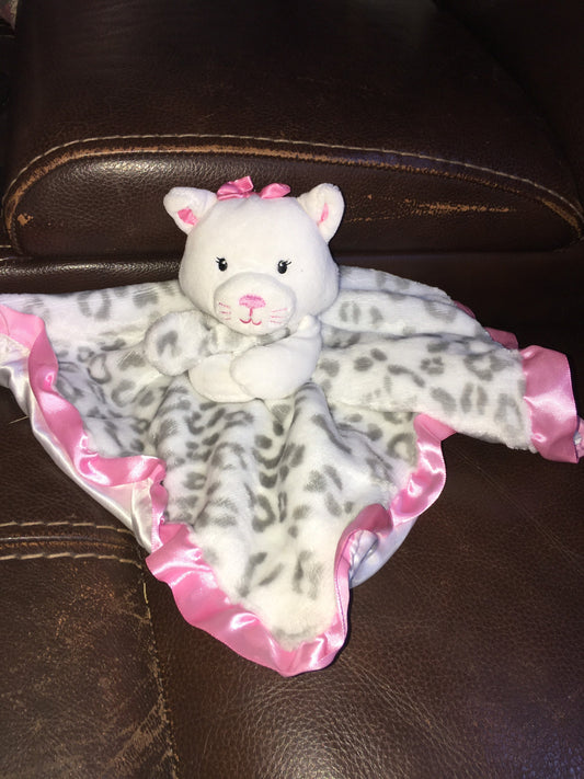 Okie Dokie Kitty Cat Leopard White Pink Gray Security Lovey Blanket Satin Rattle