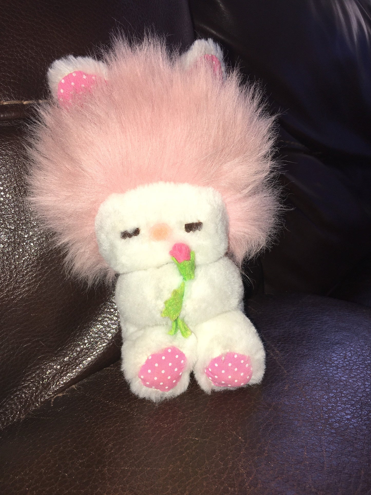 Vintage 1982 Dakin Frou Frou Plush Doll, Pink Hair, Green Leaf, 8 inch