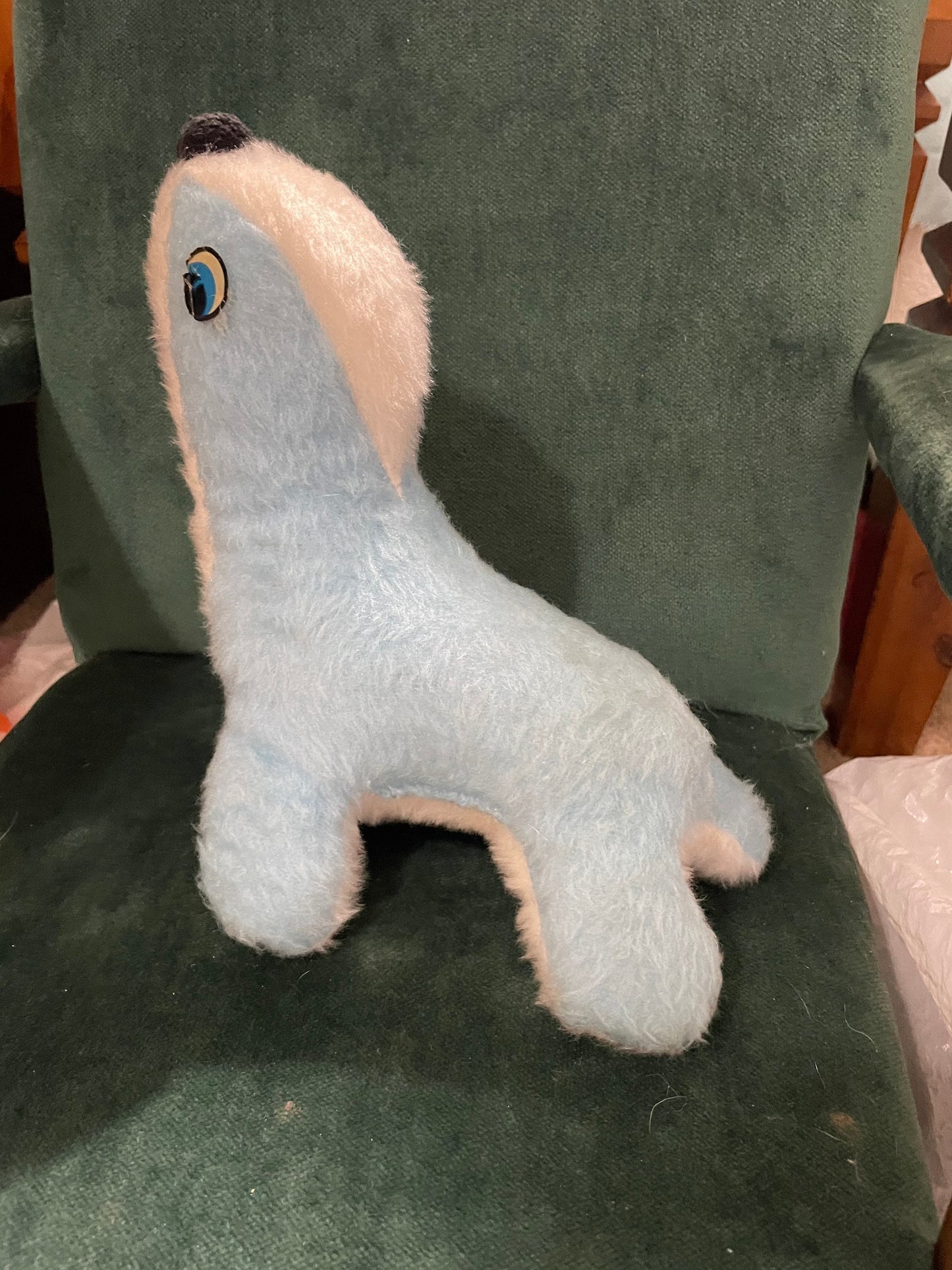 Vintage Blue and White Seal Stuffed Animal, Paper Eyes