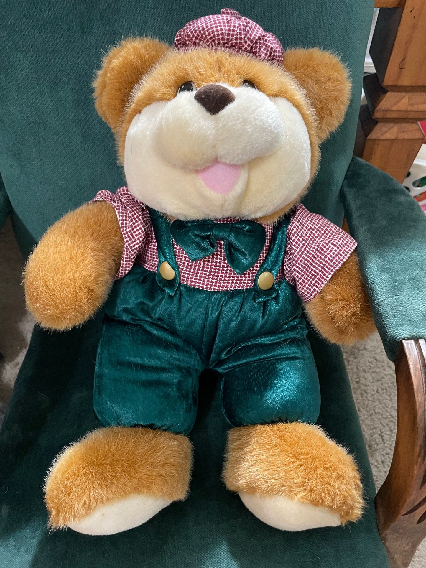 Brown Teddy in Plaid and Green Outfit Stuffed Animal. Vintage