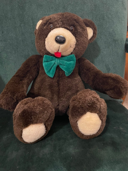Vintage Dark Brown Bear plush with green Corduroy bow. Red tongue. Stuffed Animal