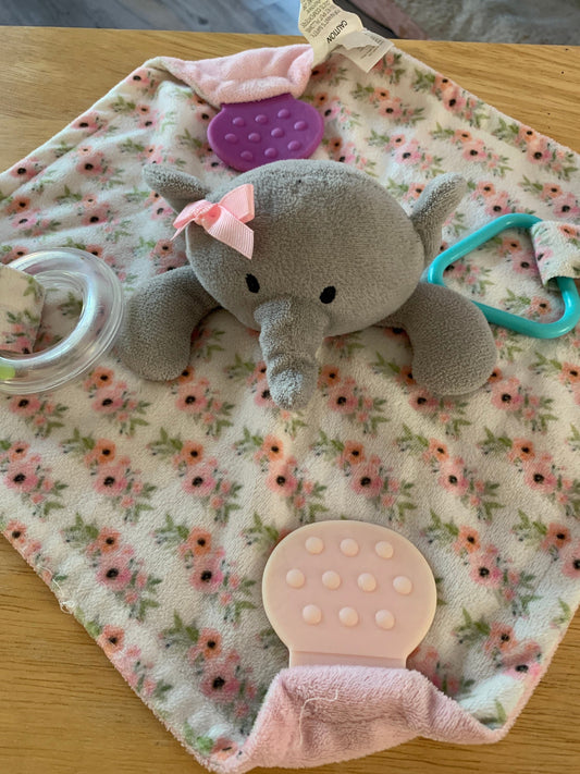 Pink elephant lovey, Lovie, security blanket, teether plush. Modern Baby