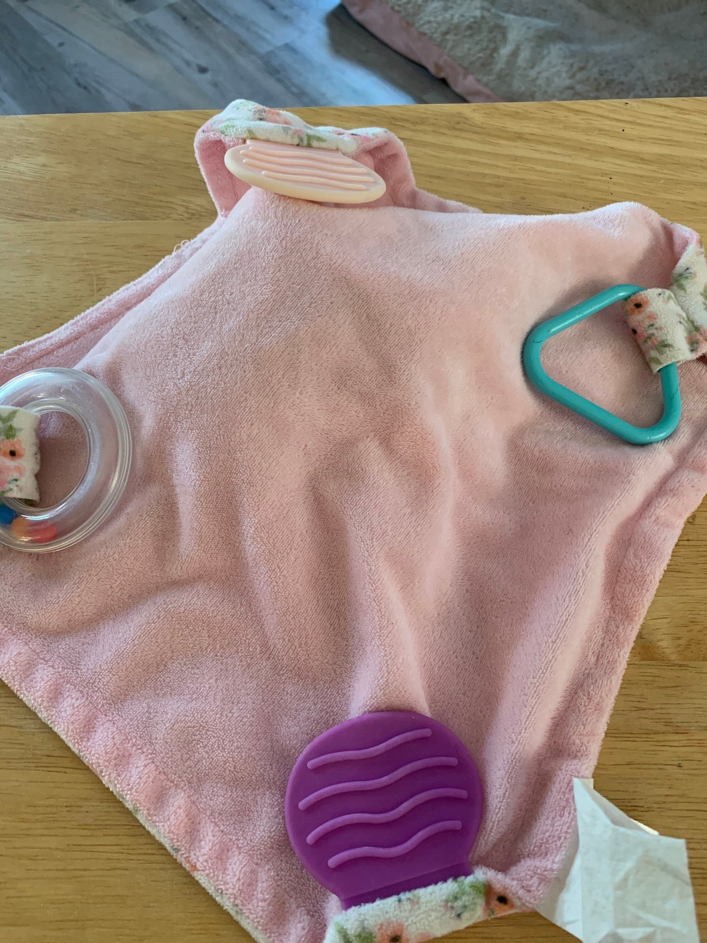Pink elephant lovey, Lovie, security blanket, teether plush. Modern Baby