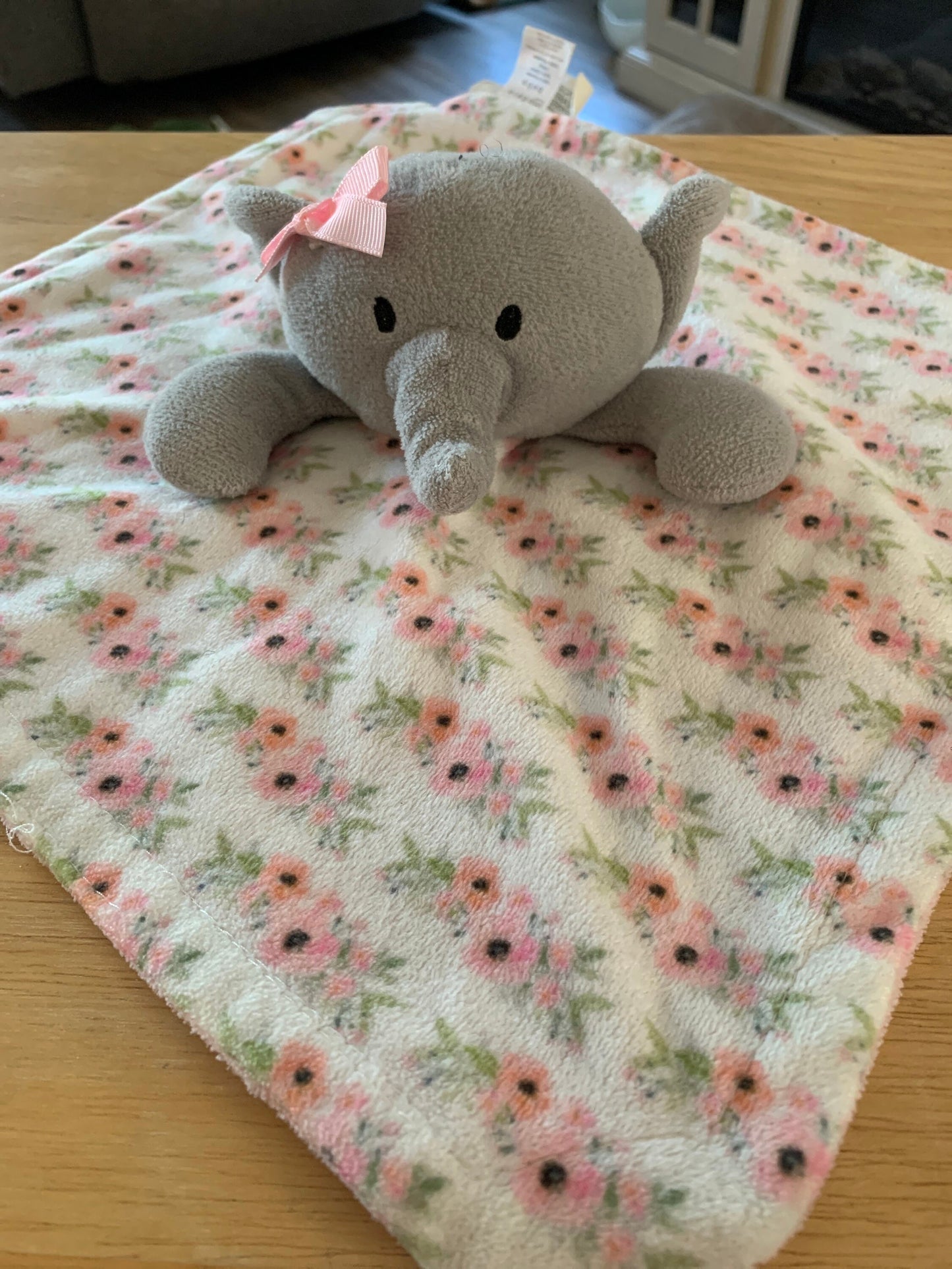 Pink elephant lovey, Lovie, security blanket, teether plush. Modern Baby