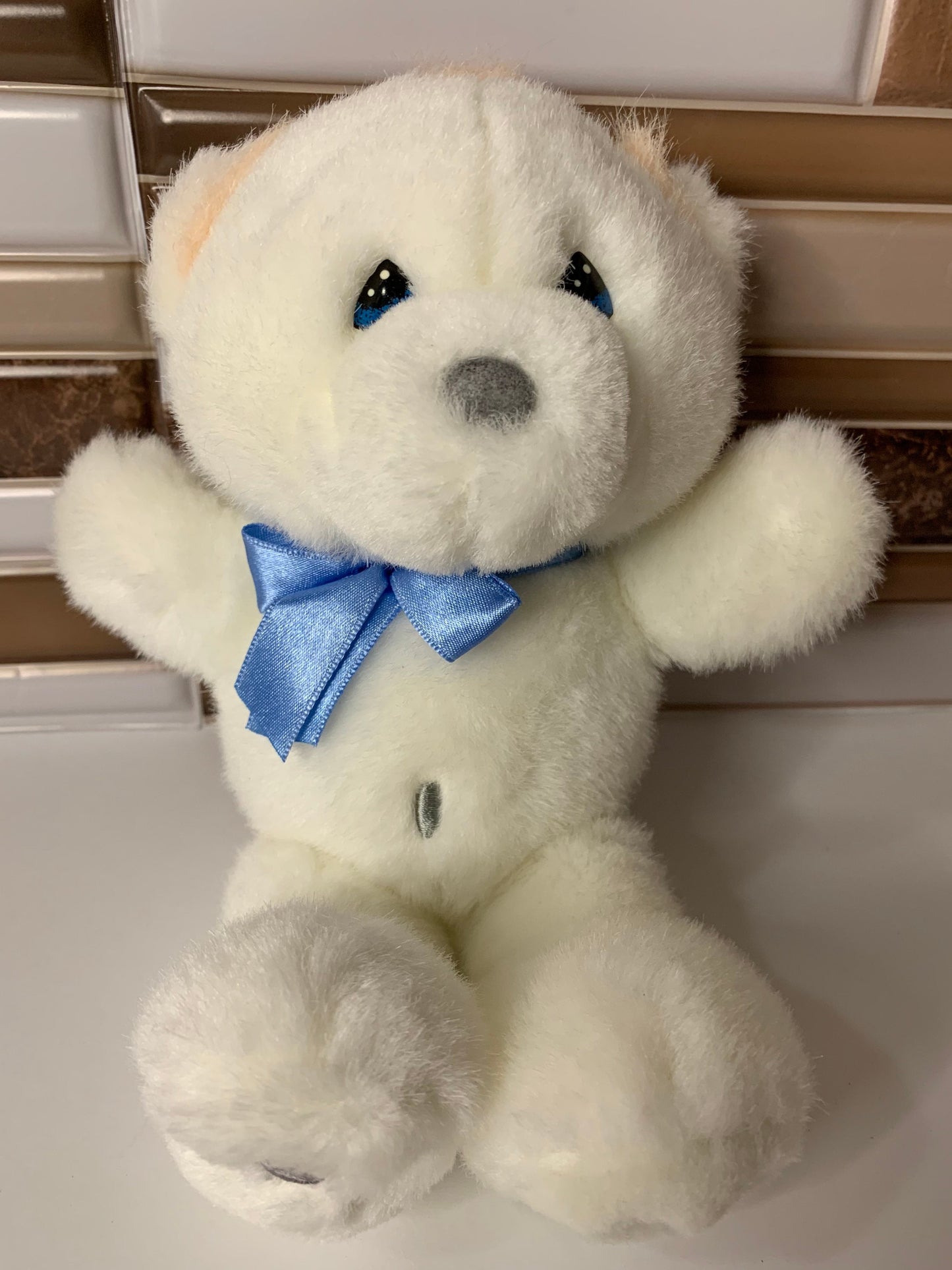 Precious Moments White Opal Teddy Bear Plush, Blue Ribbon