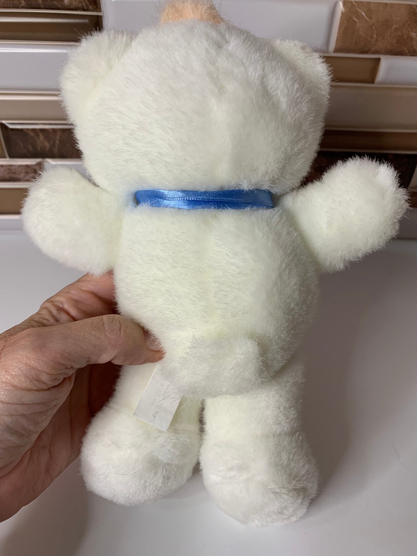 Precious Moments White Opal Teddy Bear Plush, Blue Ribbon