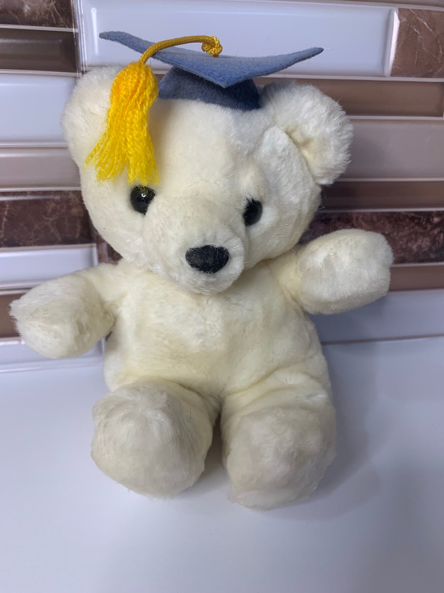 White graduation teddy bear. Blue cap yellow tassel. Small. 1980’s