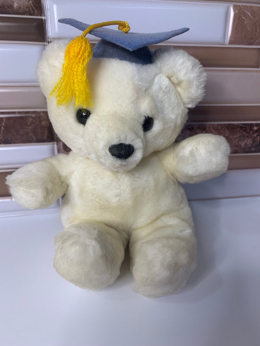 White graduation teddy bear. Blue cap yellow tassel. Small. 1980’s
