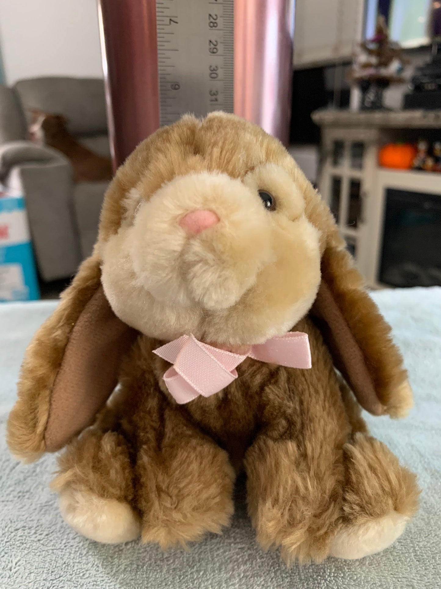 Russ Plus  Small Brown “Nutmeg” Bunny Rabbit plush pink nose and ribbon. Mini Lop