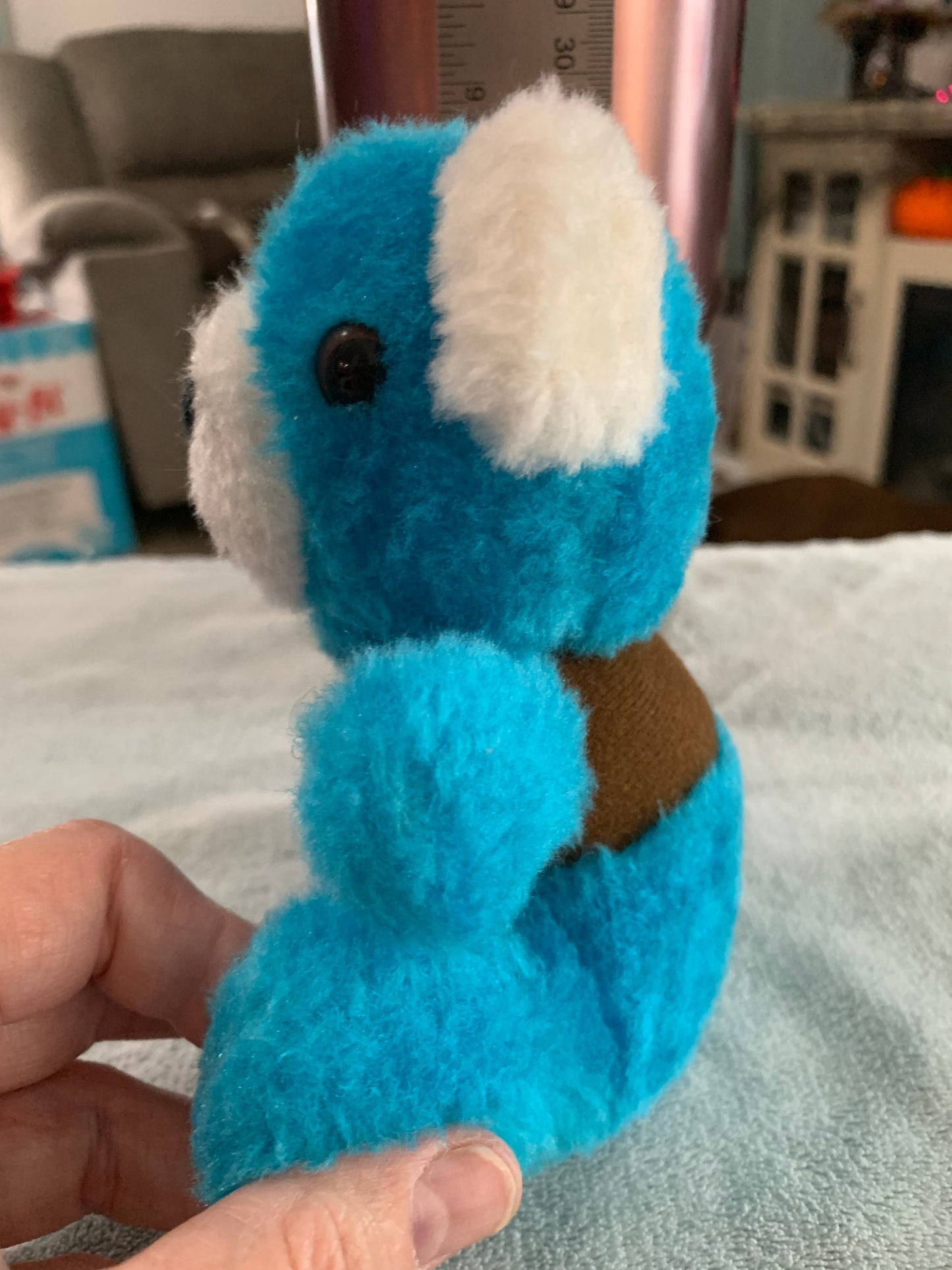 Vintage Small Blue Teddy Bear “Happy Birthday” bear. Brown shirt 70’s-80’s