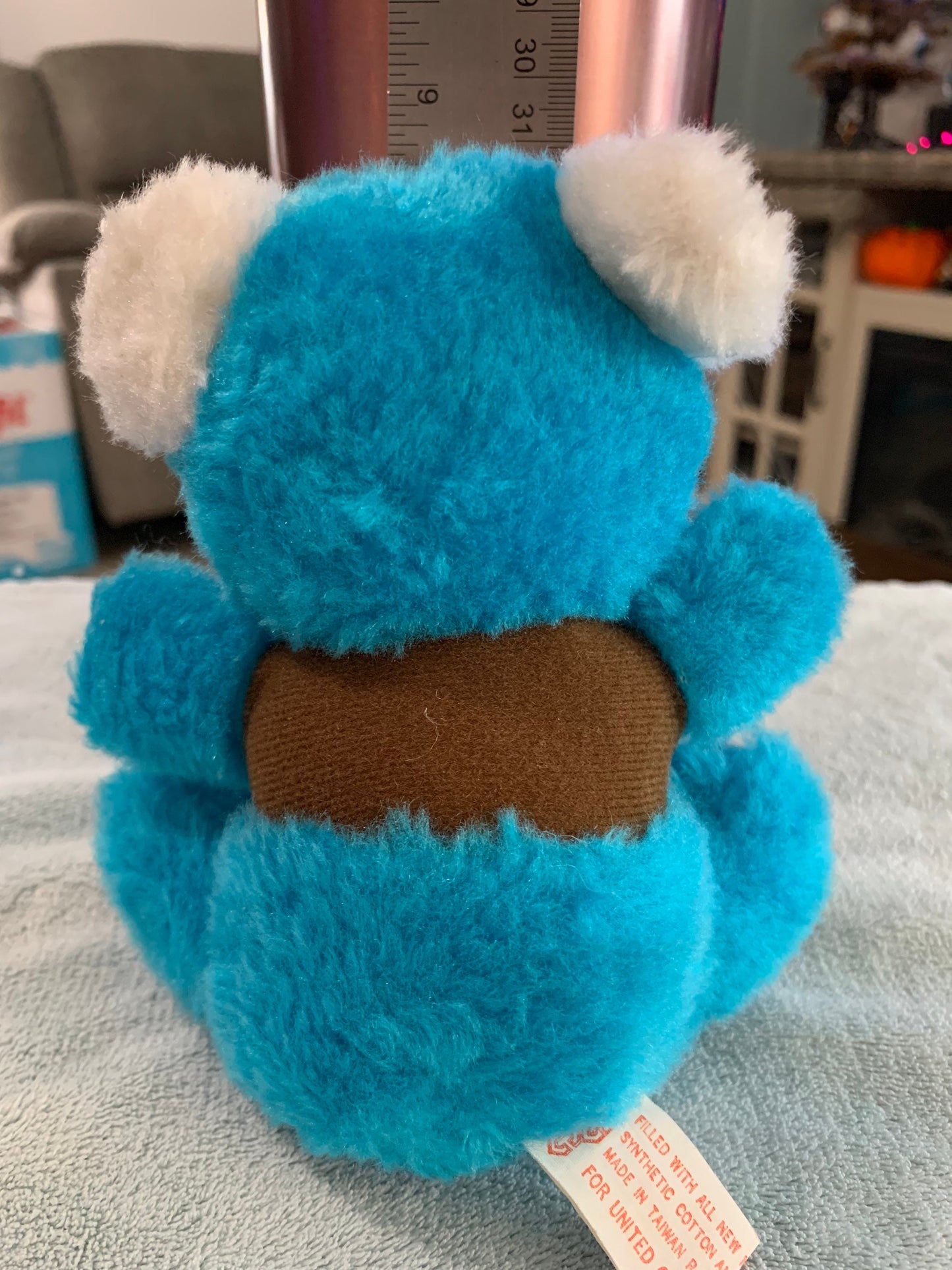 Vintage Small Blue Teddy Bear “Happy Birthday” bear. Brown shirt 70’s-80’s