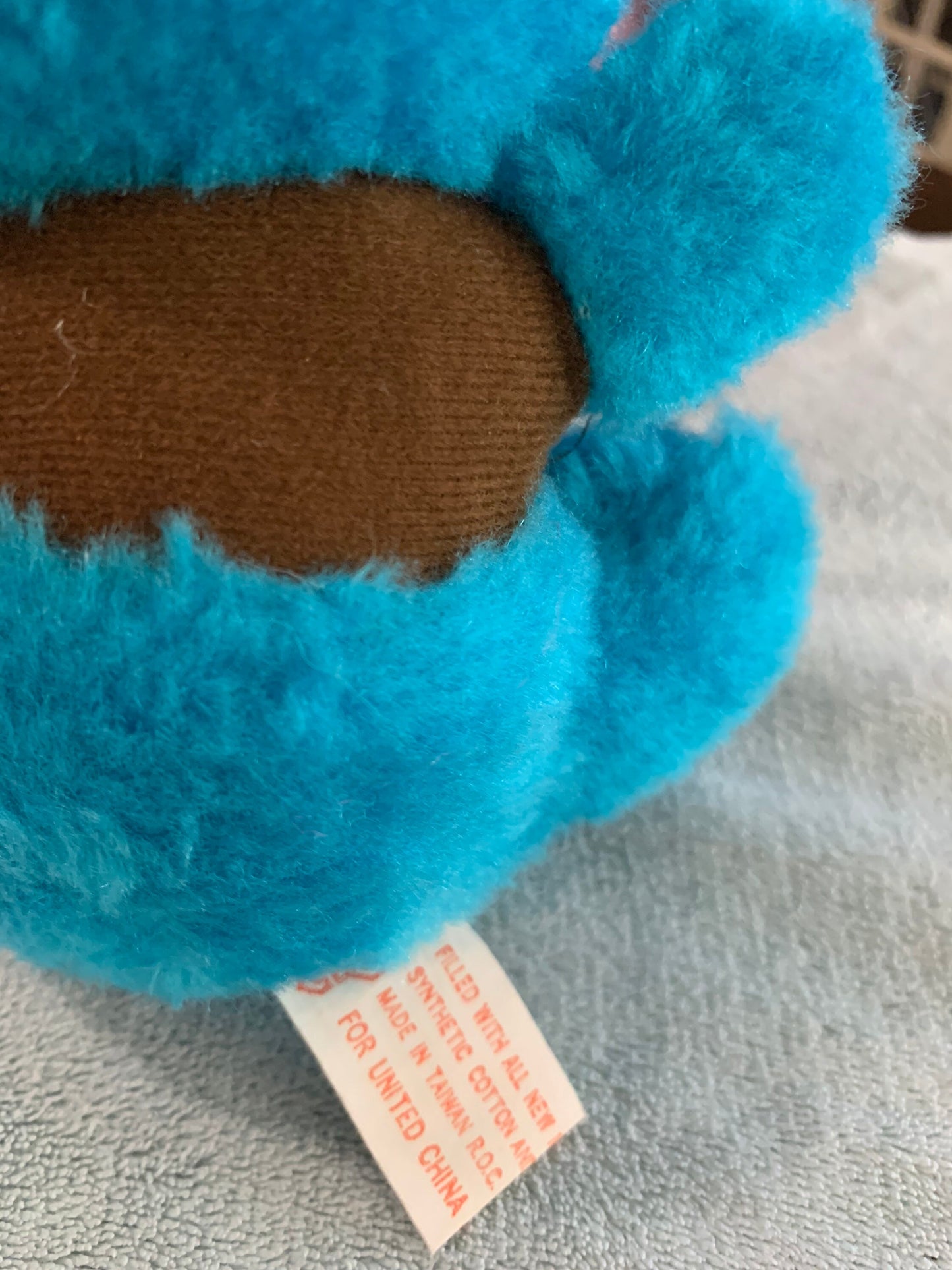 Vintage Small Blue Teddy Bear “Happy Birthday” bear. Brown shirt 70’s-80’s