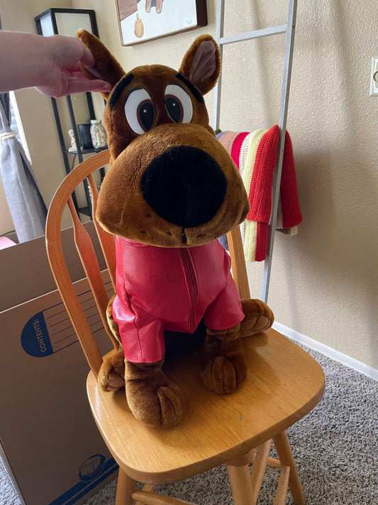 XL Brown Scooby Doo Dog Plush in Red Faux Leather Jacket