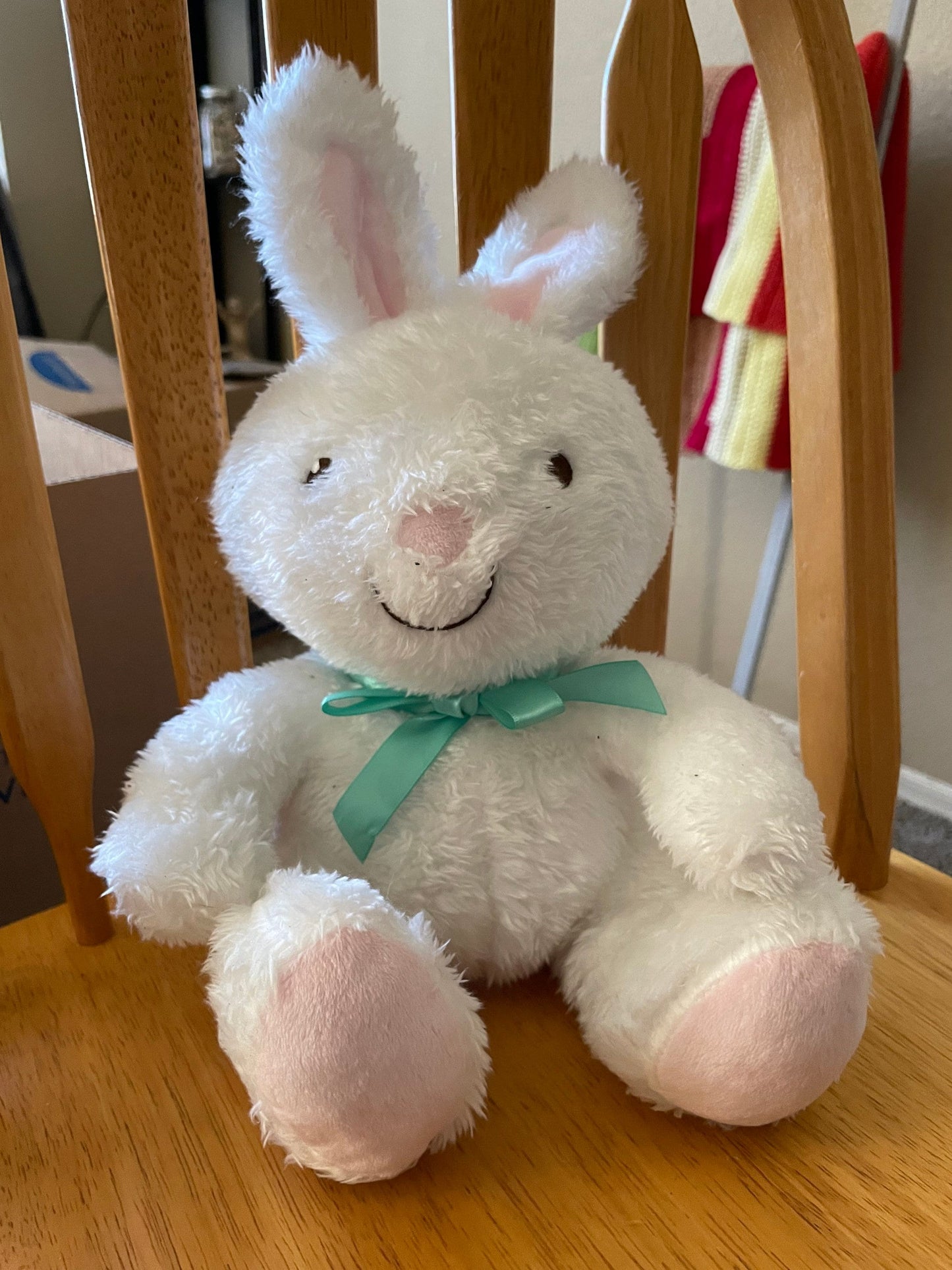 Hallmark White and Pink Bunny Rabbit Plush with Green bow. 9”