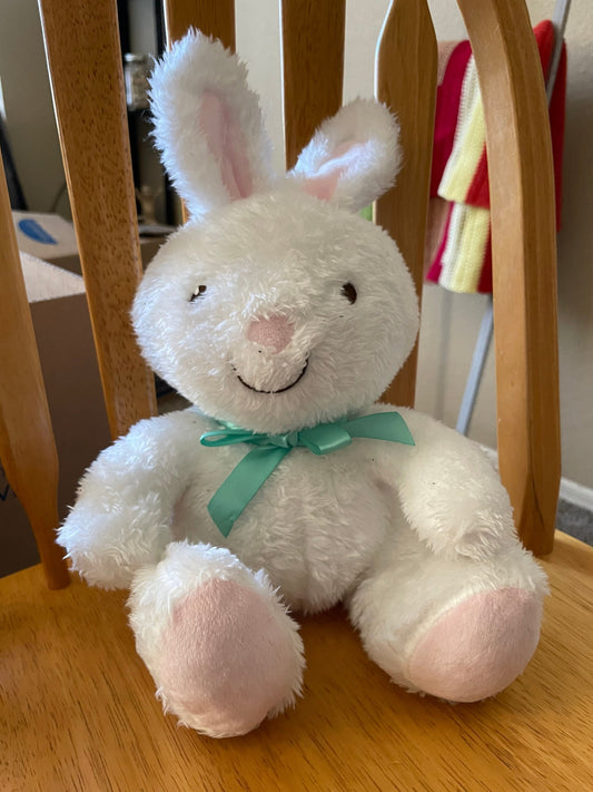 Hallmark White and Pink Bunny Rabbit Plush with Green bow. 9”