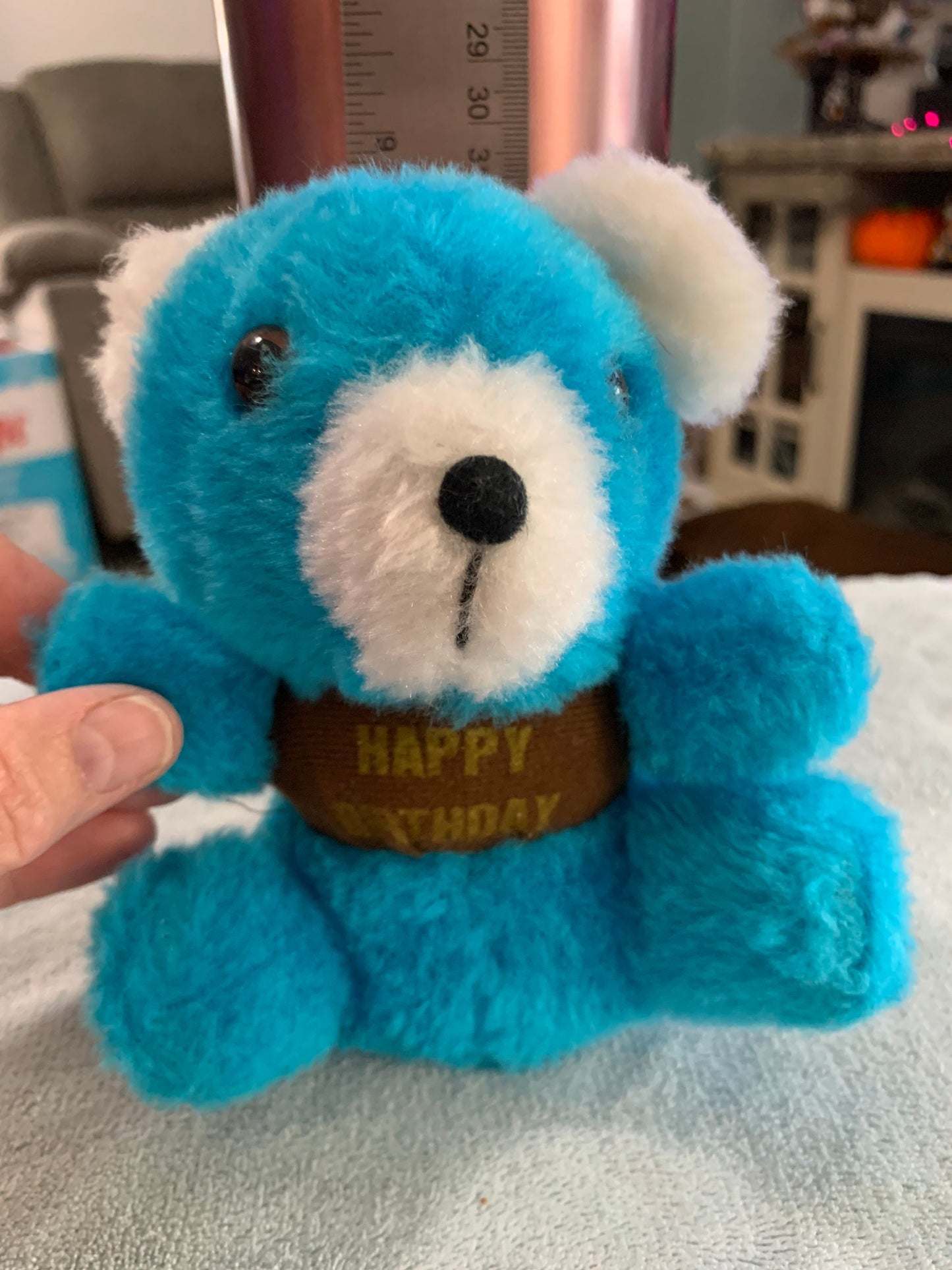 Vintage Small Blue Teddy Bear “Happy Birthday” bear. Brown shirt 70’s-80’s