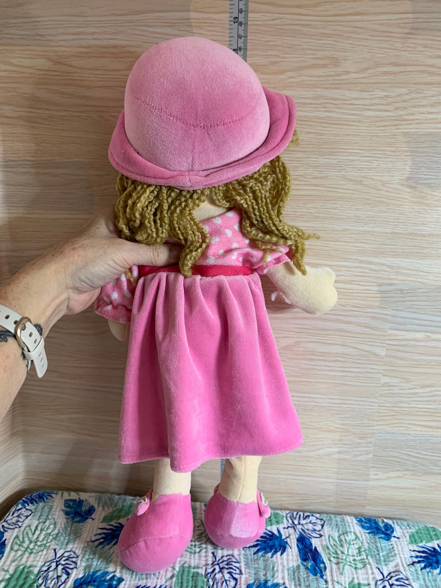 Stephan Baby Soft Cloth Doll With Pink dress, hat and shoes dark blond hair