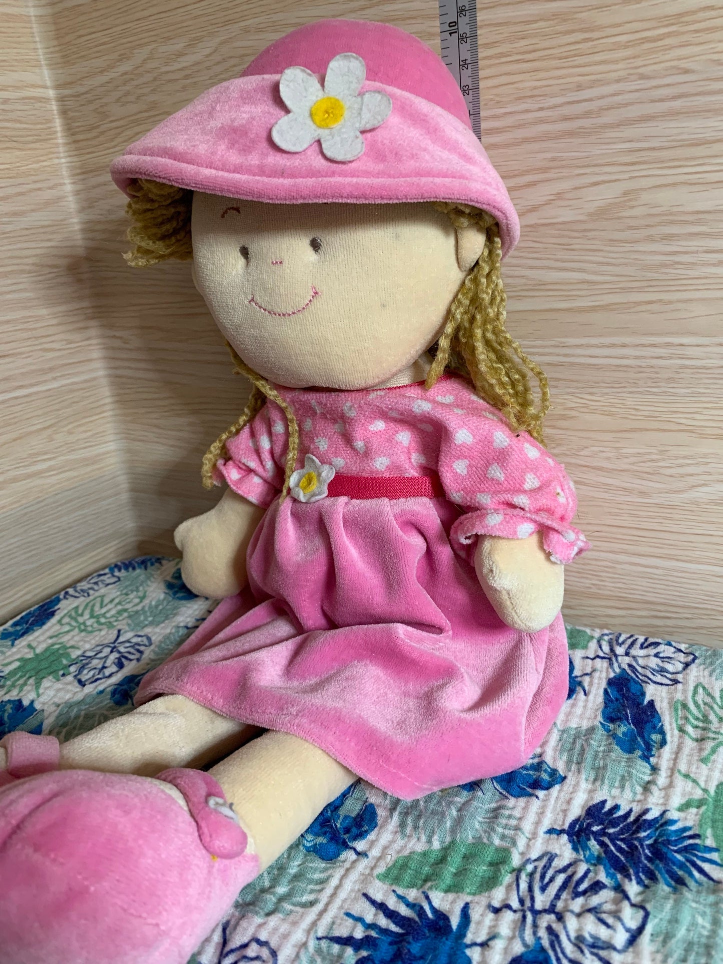 Stephan Baby Soft Cloth Doll With Pink dress, hat and shoes dark blond hair