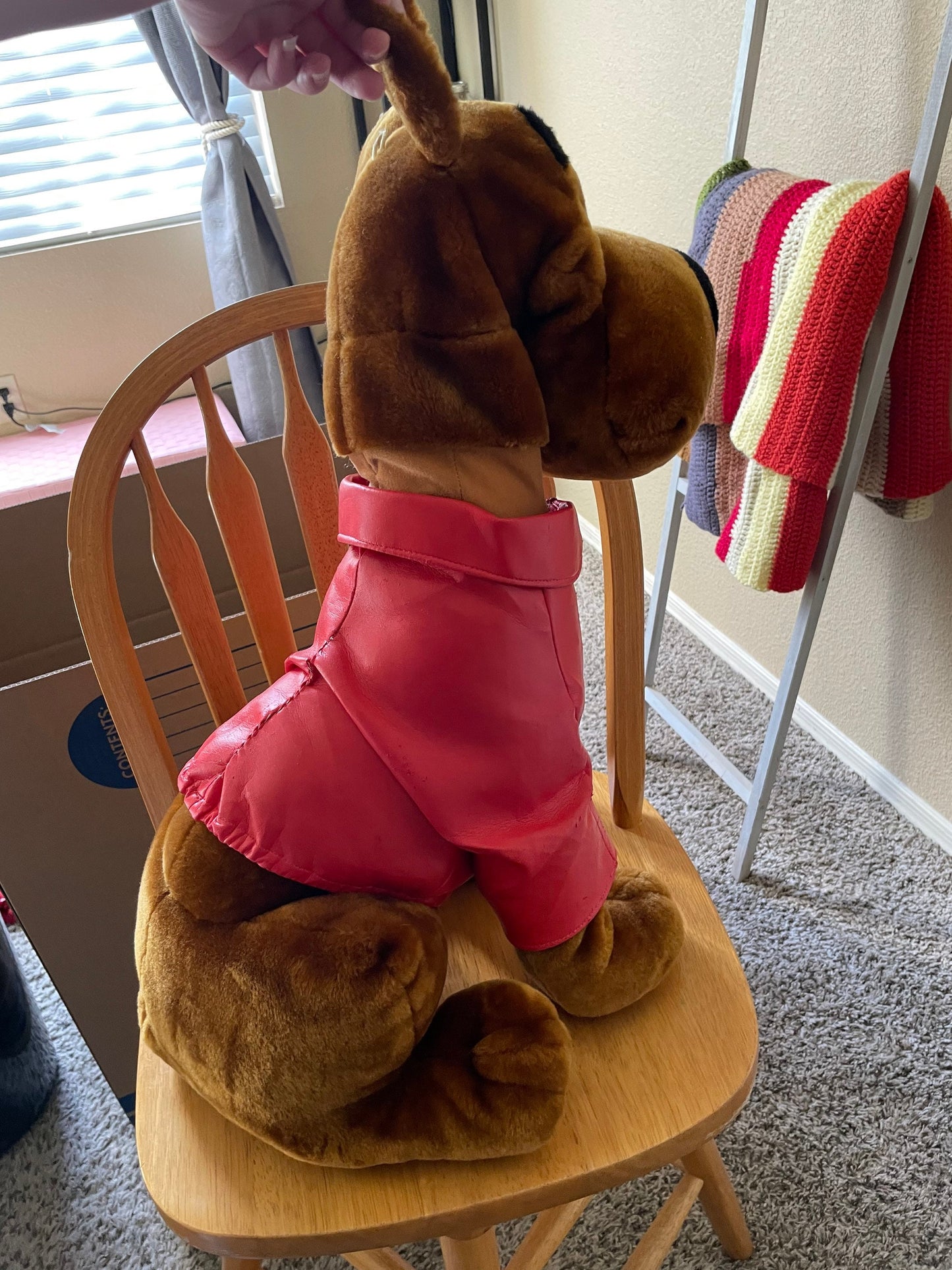 Brown Scooby Doo Dog Plush in Red Faux Leather Jacket XL