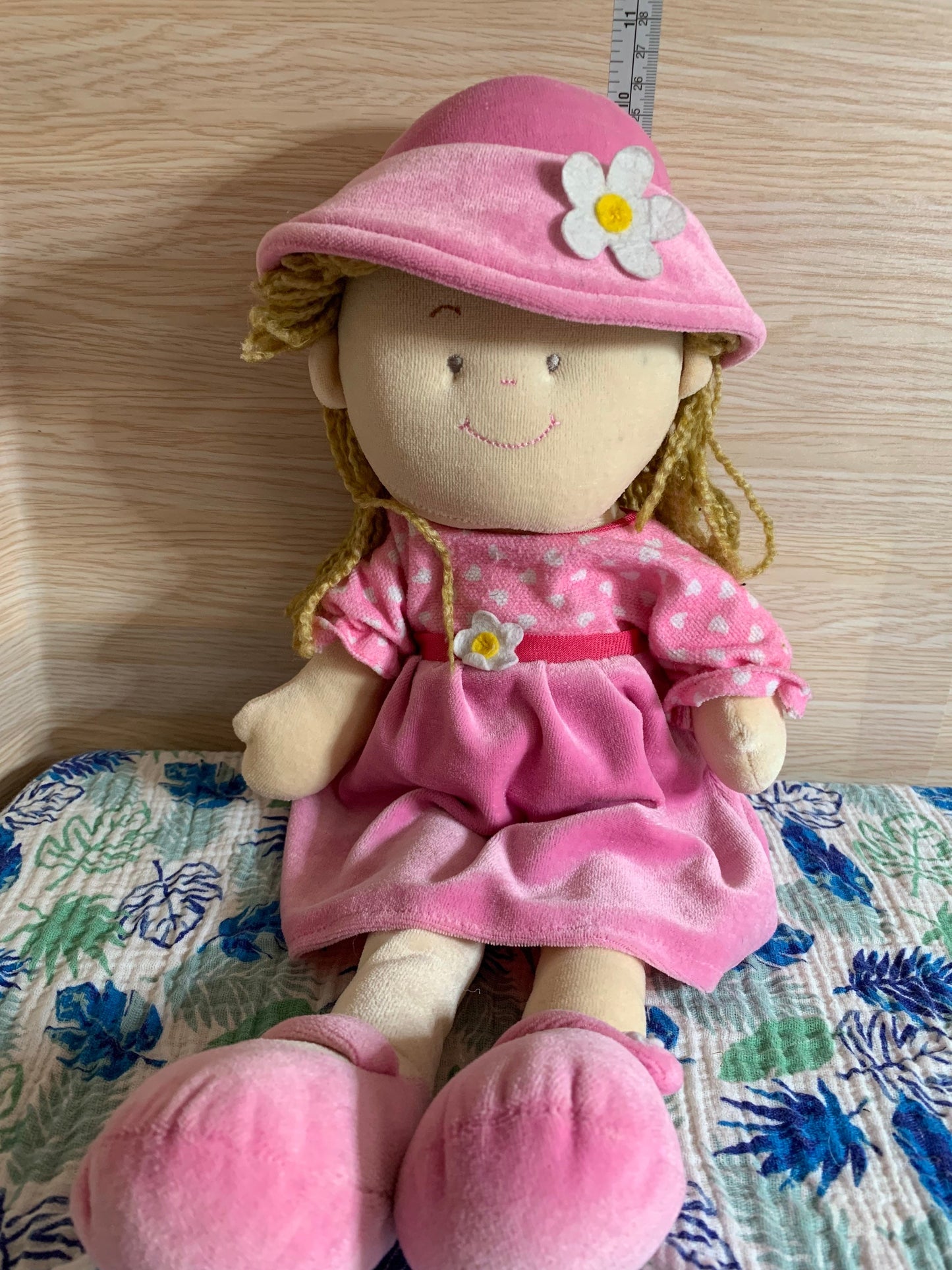 Stephan Baby Soft Cloth Doll With Pink dress, hat and shoes dark blond hair