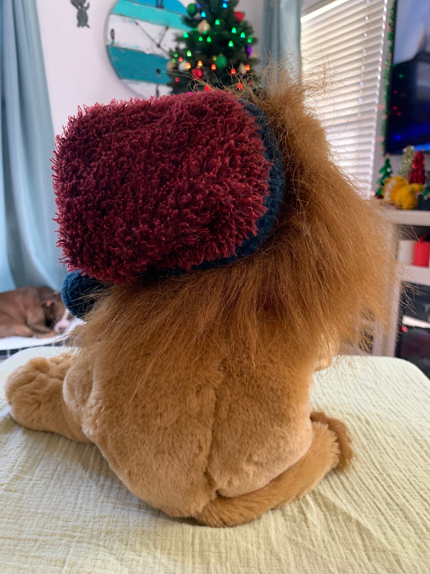Vintage Chosun Christmas Lion Plush. Red hat and scarf.