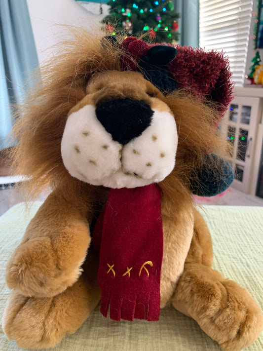 Vintage Chosun Christmas Lion Plush. Red hat and scarf.