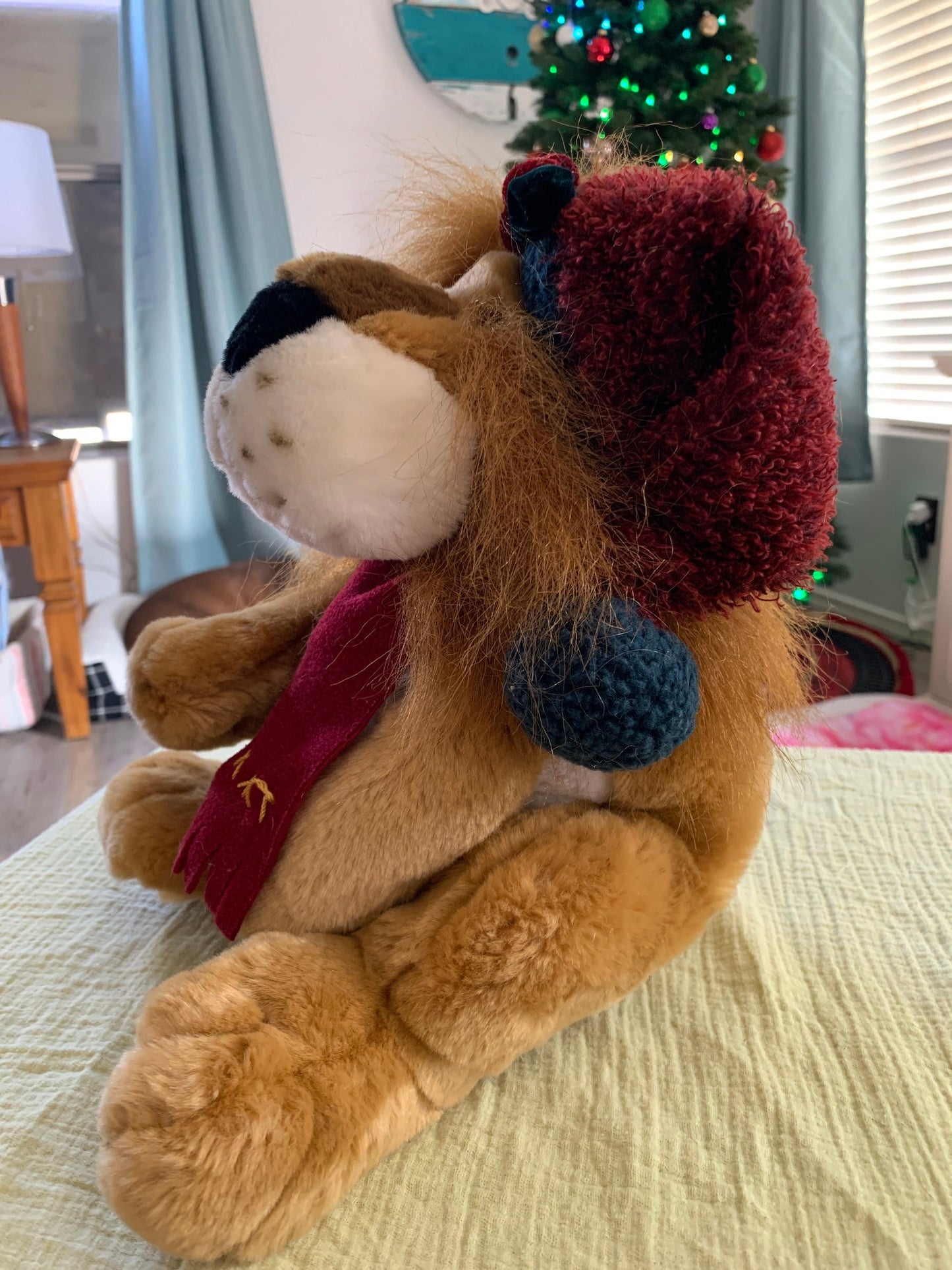 Vintage Chosun Christmas Lion Plush. Red hat and scarf.
