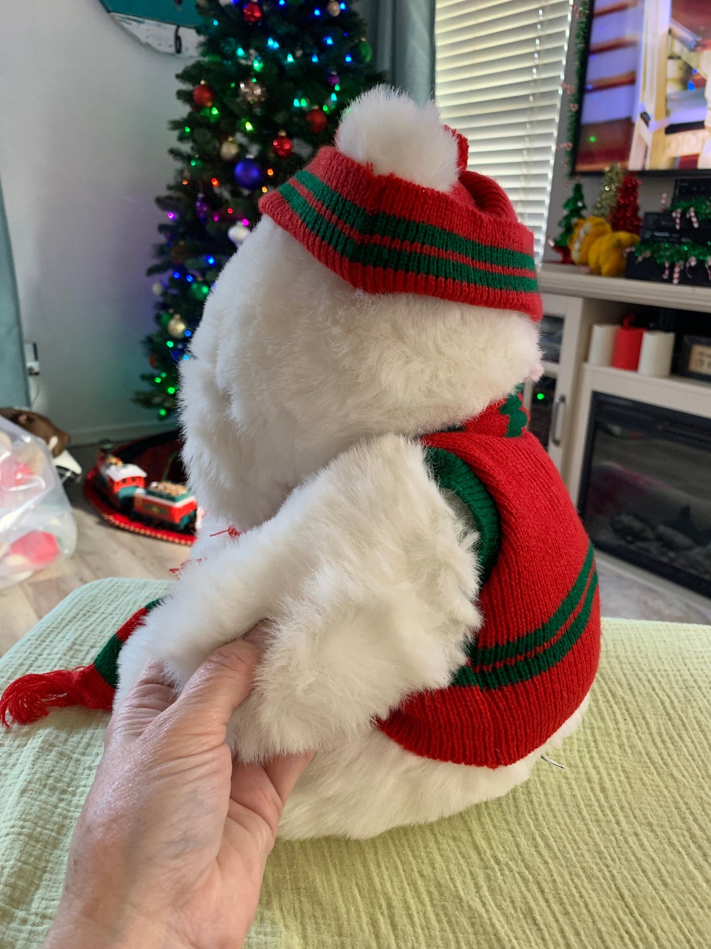 Vintage 1986 white holiday Teddy Bear plush. Red and green scarf, hat and shirt
