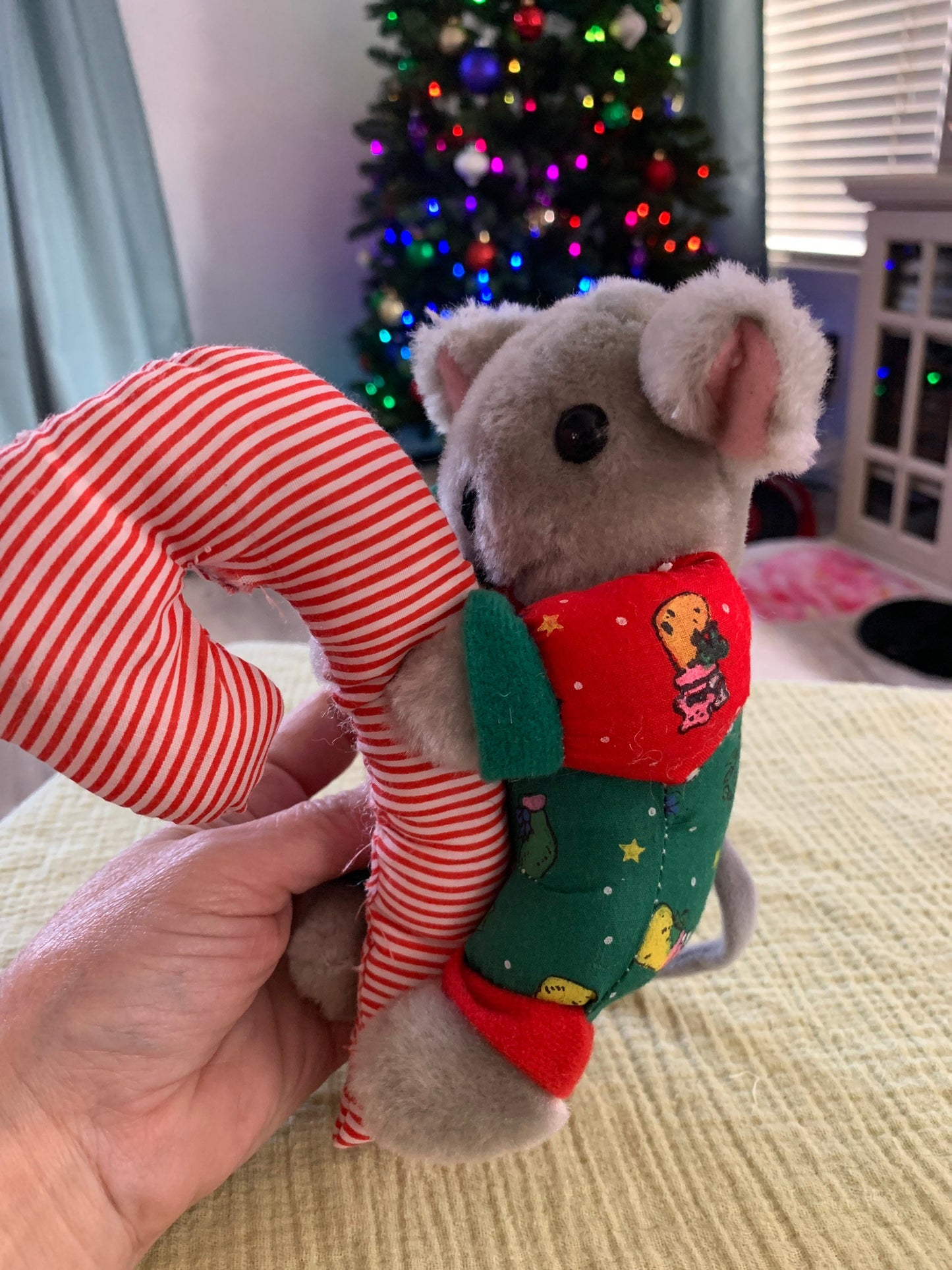 Vintage Just 4 Play Christmas Holiday Mouse on a candy cane plush