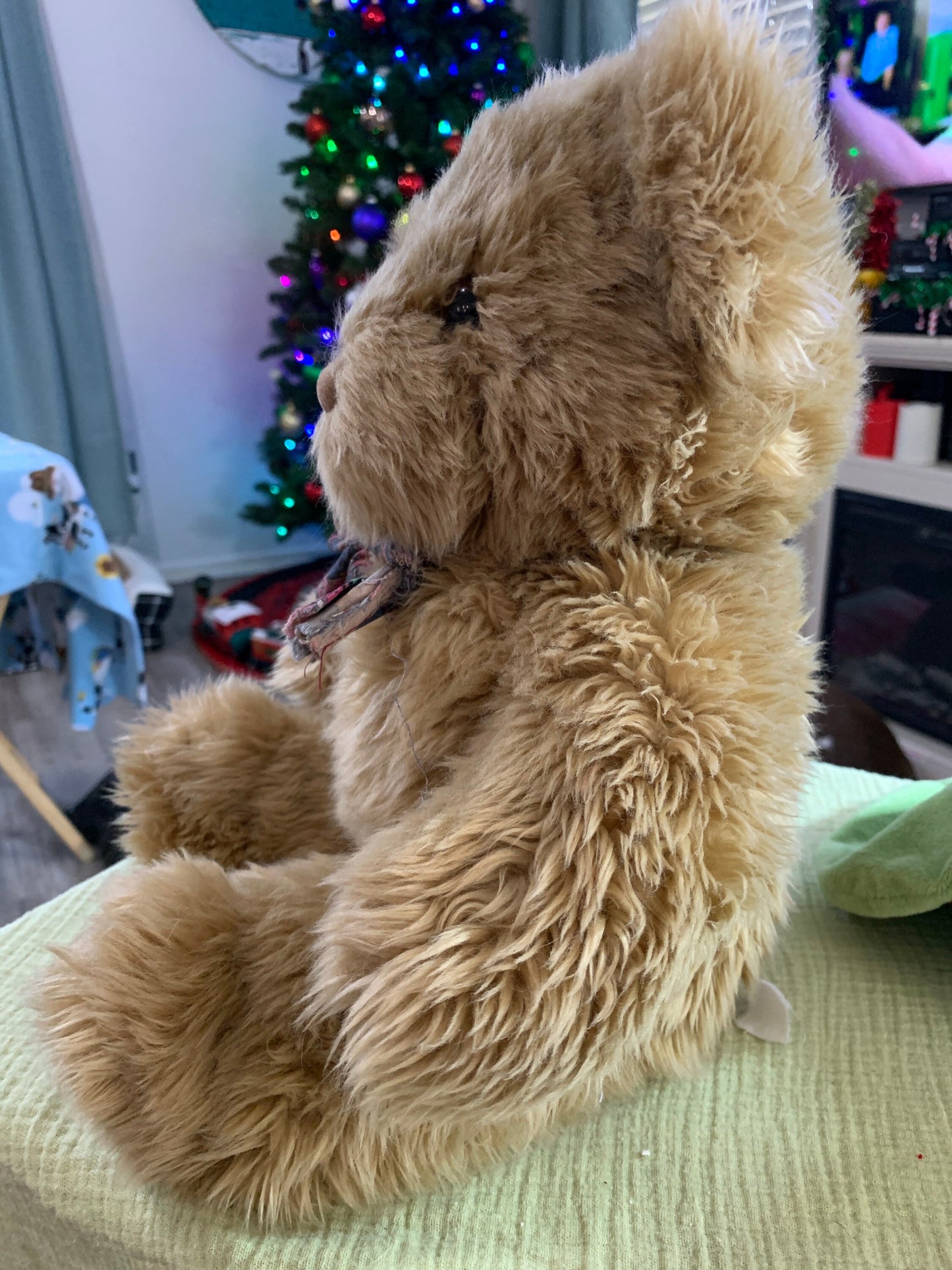 Vintage Brown Fuzzy Teddy Bear Plush with rattle in foot.