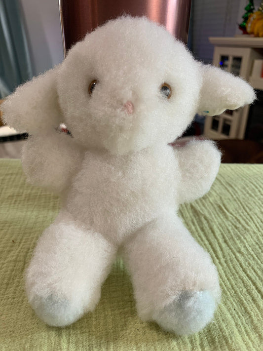 Vintage Eden Baby Lamb Rattle Plush with Blue Accents Rare Nursery Collectible