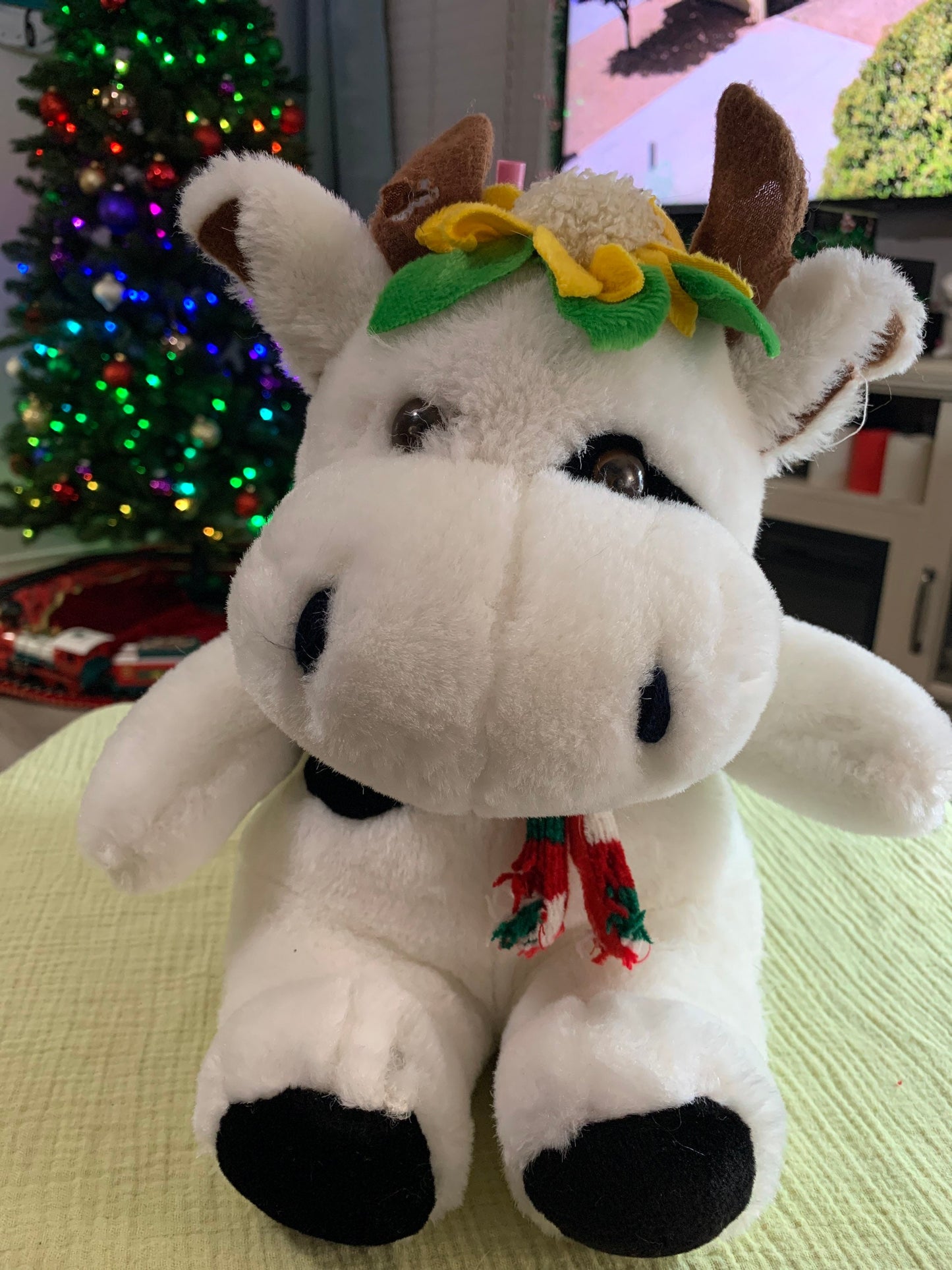Restored Vintage Cow Plush Toy, Sunflower Crown